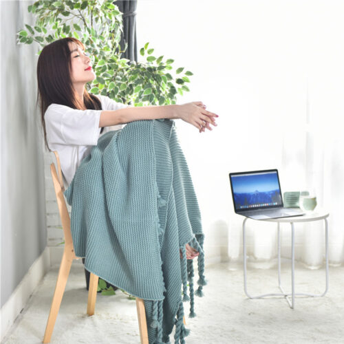 Green Tassel Fringe Knitting Blanket Warm Woven Couch Bed Sofa Decor - Image 2