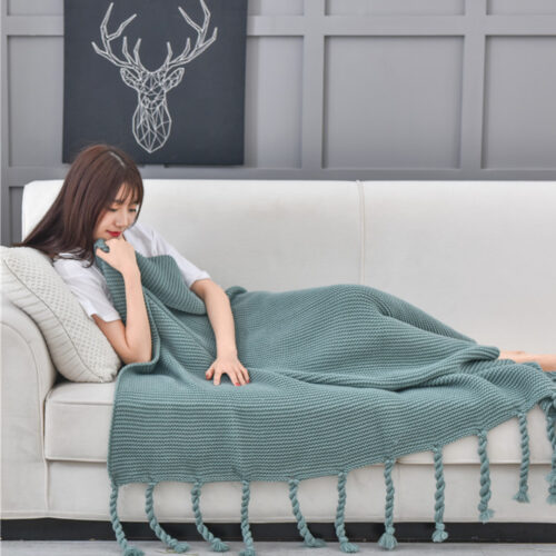 Green Tassel Fringe Knitting Blanket Warm Woven Couch Bed Sofa Decor - Image 4