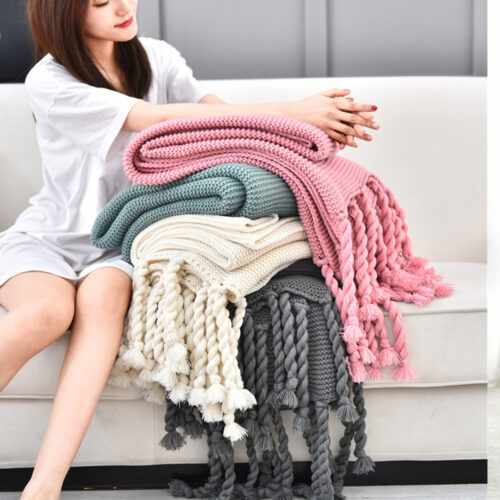Green Tassel Fringe Knitting Blanket Warm Woven Couch Bed Sofa Decor - Image 5