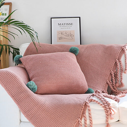 Pink Tassel Fringe Knitting Blanket Warm Woven Couch Bed Sofa Decor - Image 2