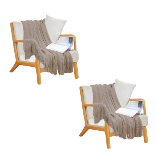 2x Coffee Diamond Pattern Knitted Throw Blanket Warm Woven Couch Bed Sofa Decor with Tassels