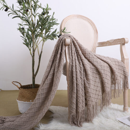 2x Coffee Diamond Pattern Knitted Throw Blanket Warm Woven Couch Bed Sofa Decor with Tassels - Image 2