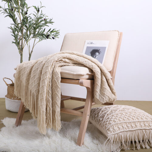 2x Beige Diamond Pattern Knitted Throw Blanket Warm Woven Couch Bed Sofa Decor with Tassels - Image 2