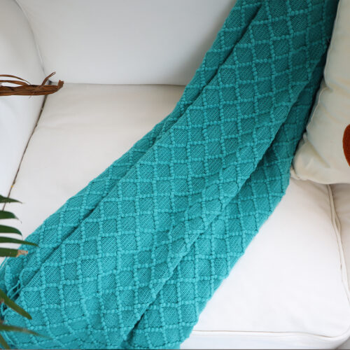 2x Teal Diamond Pattern Knitted Throw Blanket Warm Woven Couch Bed Sofa Decor with Tassels - Image 3