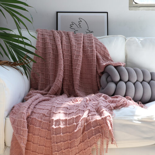 2x Pink Diamond Pattern Knitted Throw Blanket Warm Woven Couch Bed Sofa Decor with Tassels - Image 2
