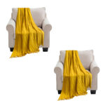 2x Mustard Textured Knitted Throw Blanket Warm Woven Couch Bed Sofa Decor with Tassels