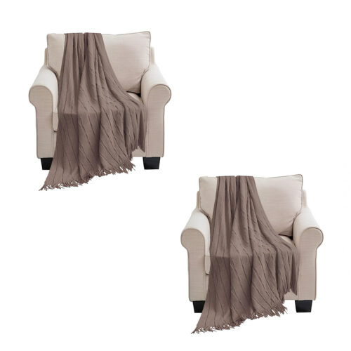 2x Coffee Textured Knitted Throw Blanket Warm Woven Couch Bed Sofa Decor with Tassels