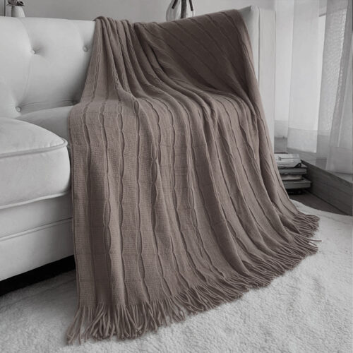 2x Coffee Textured Knitted Throw Blanket Warm Woven Couch Bed Sofa Decor with Tassels - Image 2