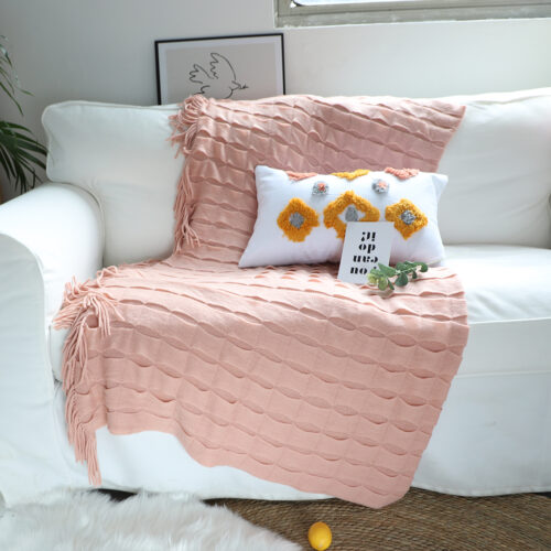 2x Pink Textured Knitted Throw Blanket Warm Woven Couch Bed Sofa Decor with Tassels - Image 2