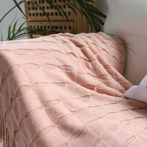 2x Pink Textured Knitted Throw Blanket Warm Woven Couch Bed Sofa Decor with Tassels - Image 4