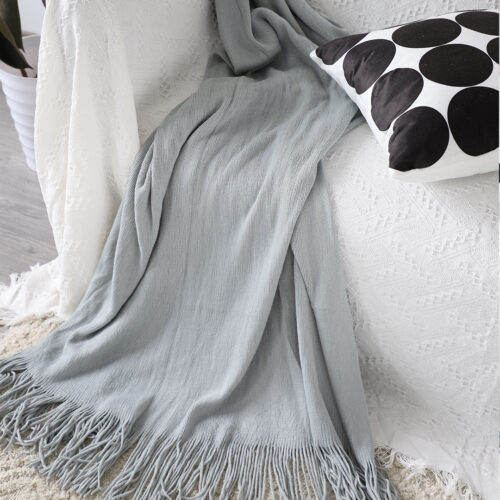 2x Grey Acrylic Knitted Throw Blanket Solid Fringed Warm Woven Couch Bed Sofa Decor - Image 2