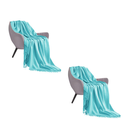 2x Teal Acrylic Knitted Throw Blanket Solid Fringed Warm Woven Couch Bed Sofa Decor