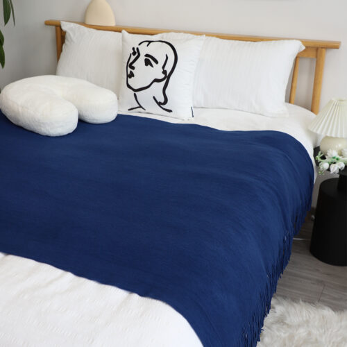 2x Royal Blue Acrylic Knitted Throw Blanket Solid Fringed Warm Woven Couch Bed Sofa Decor - Image 2