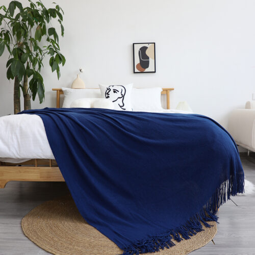 2x Royal Blue Acrylic Knitted Throw Blanket Solid Fringed Warm Woven Couch Bed Sofa Decor - Image 3