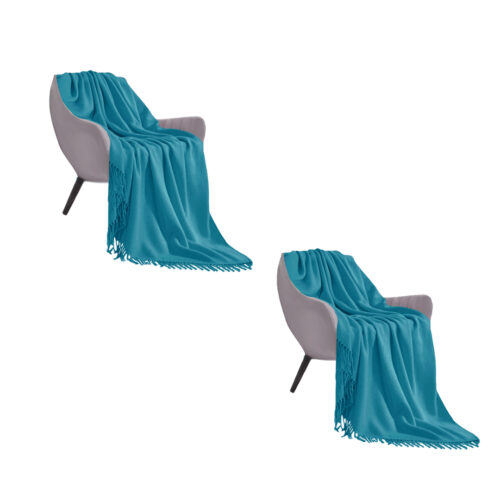 2x Blue Acrylic Knitted Throw Blanket Solid Fringed Warm Woven Couch Bed Sofa Decor