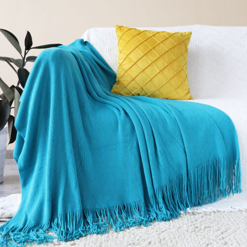 2x Blue Acrylic Knitted Throw Blanket Solid Fringed Warm Woven Couch Bed Sofa Decor - Image 2