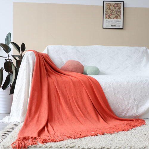 2x Orange Acrylic Knitted Throw Blanket Solid Fringed Warm Woven Couch Bed Sofa Decor - Image 2