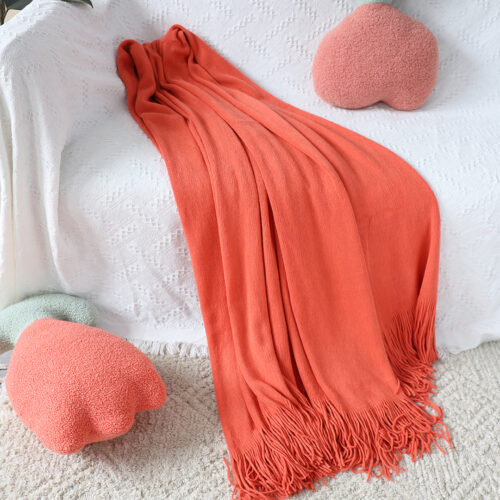 2x Orange Acrylic Knitted Throw Blanket Solid Fringed Warm Woven Couch Bed Sofa Decor - Image 4