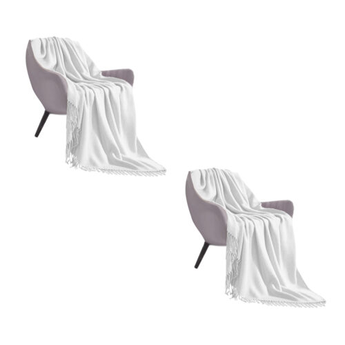 2x White Acrylic Knitted Throw Blanket Solid Fringed Warm Woven Couch Bed Sofa Decor