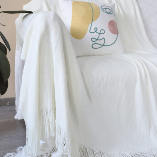 2x White Acrylic Knitted Throw Blanket Solid Fringed Warm Woven Couch Bed Sofa Decor - Image 2