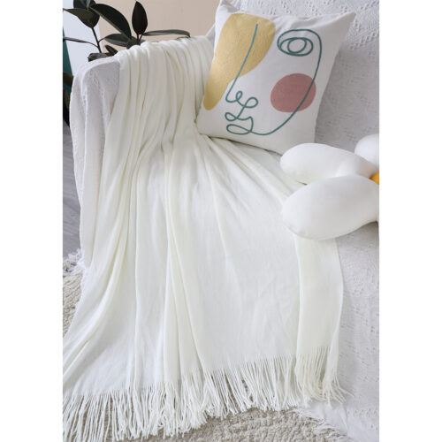 2x White Acrylic Knitted Throw Blanket Solid Fringed Warm Woven Couch Bed Sofa Decor - Image 4