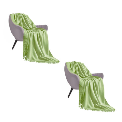 2x Green Acrylic Knitted Throw Blanket Solid Fringed Warm Woven Couch Bed Sofa Decor
