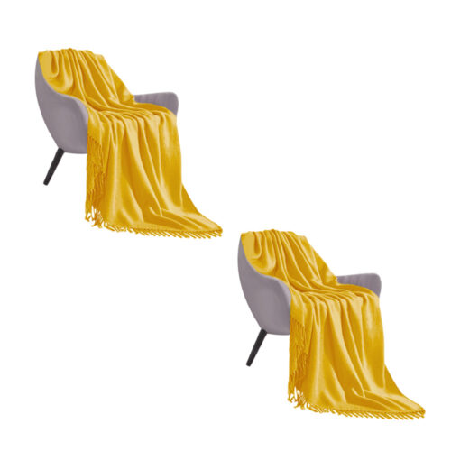 2x Yellow Acrylic Knitted Throw Blanket Solid Fringed Warm Woven Couch Bed Sofa Decor
