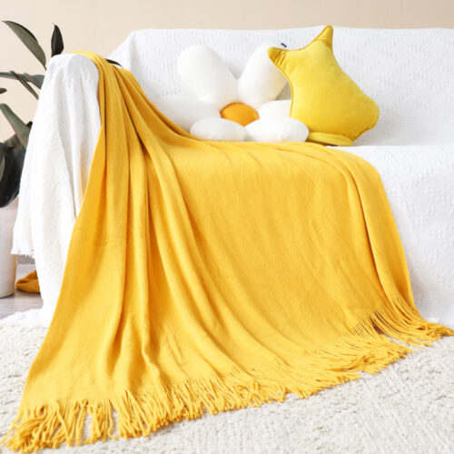 2x Yellow Acrylic Knitted Throw Blanket Solid Fringed Warm Woven Couch Bed Sofa Decor - Image 3