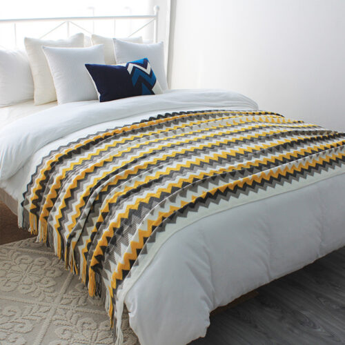 2x 170cm Yellow Zigzag Striped Throw Blanket Acrylic Wave Knitted Fringed Woven Cover Couch Bed Sofa Decor - Image 3