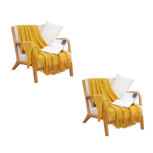 2x Yellow Diamond Pattern Knitted Throw Blanket Warm Woven Couch Bed Sofa Decor with Tassels - Image 6