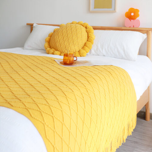 2x Yellow Diamond Pattern Knitted Throw Blanket Warm Woven Couch Bed Sofa Decor with Tassels - Image 2