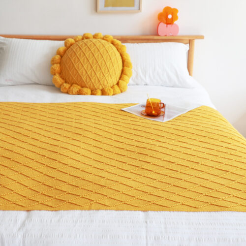 2x Yellow Diamond Pattern Knitted Throw Blanket Warm Woven Couch Bed Sofa Decor with Tassels - Image 3