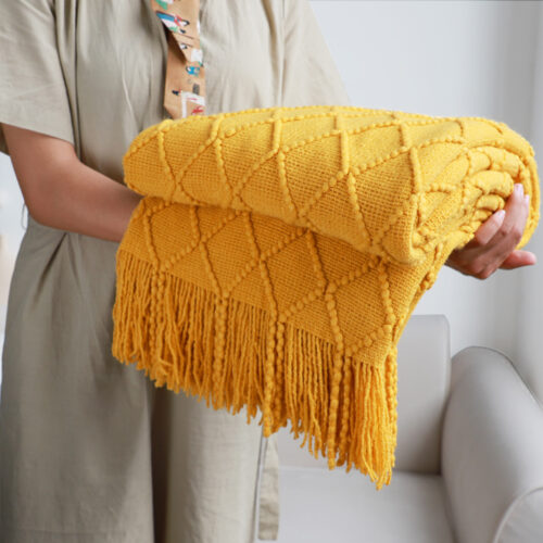 2x Yellow Diamond Pattern Knitted Throw Blanket Warm Woven Couch Bed Sofa Decor with Tassels