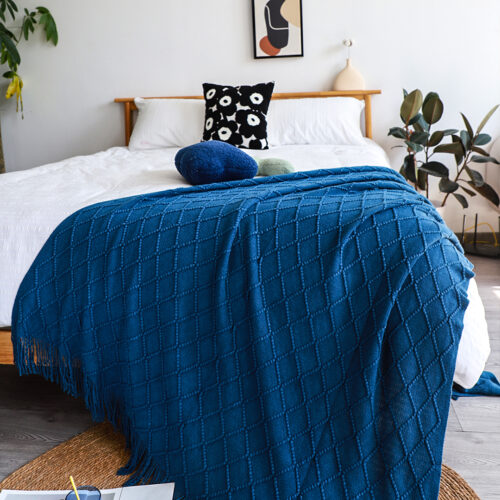 2x Royal Blue Diamond Pattern Knitted Throw Blanket Warm Woven Couch Bed Sofa Decor with Tassels