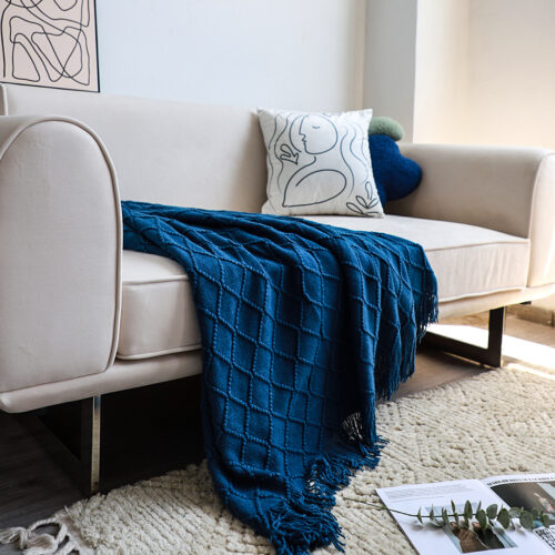 2x Royal Blue Diamond Pattern Knitted Throw Blanket Warm Woven Couch Bed Sofa Decor with Tassels - Image 4