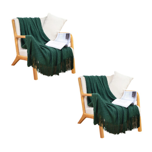 2x Green Diamond Pattern Knitted Throw Blanket Warm Woven Couch Bed Sofa Decor with Tassels - Image 9