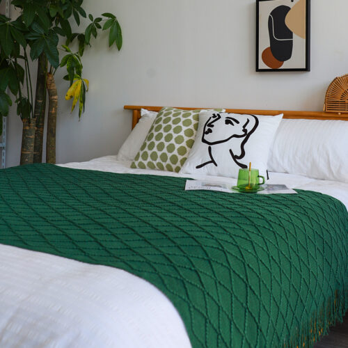 2x Green Diamond Pattern Knitted Throw Blanket Warm Woven Couch Bed Sofa Decor with Tassels - Image 4