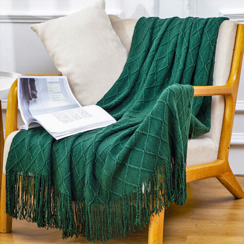 2x Green Diamond Pattern Knitted Throw Blanket Warm Woven Couch Bed Sofa Decor with Tassels - Image 6