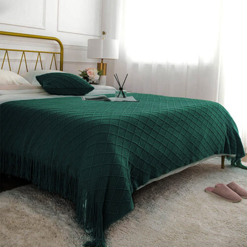 2x Green Diamond Pattern Knitted Throw Blanket Warm Woven Couch Bed Sofa Decor with Tassels - Image 8