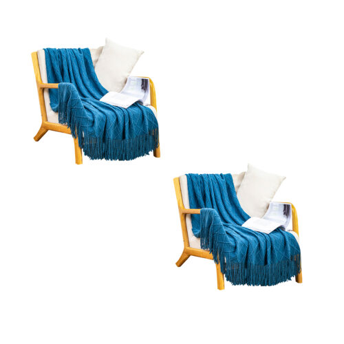 2x Blue Diamond Pattern Knitted Throw Blanket Warm Woven Couch Bed Sofa Decor with Tassels - Image 5