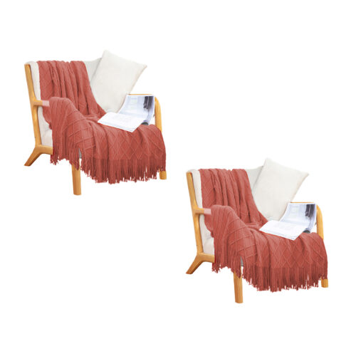 2x Red Diamond Pattern Knitted Throw Blanket Warm Woven Couch Bed Sofa Decor with Tassels - Image 9