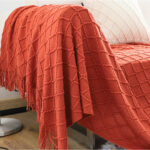 2x Red Diamond Pattern Knitted Throw Blanket Warm Woven Couch Bed Sofa Decor with Tassels