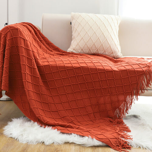2x Red Diamond Pattern Knitted Throw Blanket Warm Woven Couch Bed Sofa Decor with Tassels - Image 8