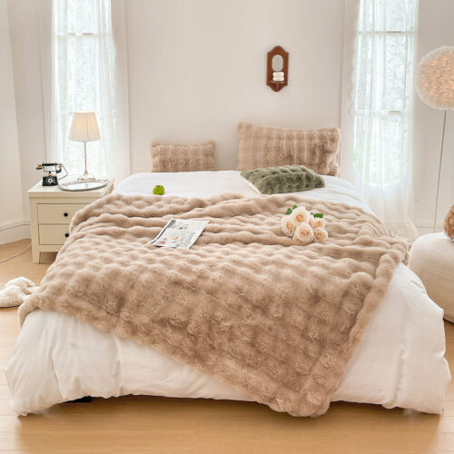 200cm Light Camel Fur Fuzzy Super Soft Cozy Fluffy Throw Blanket - Image 2