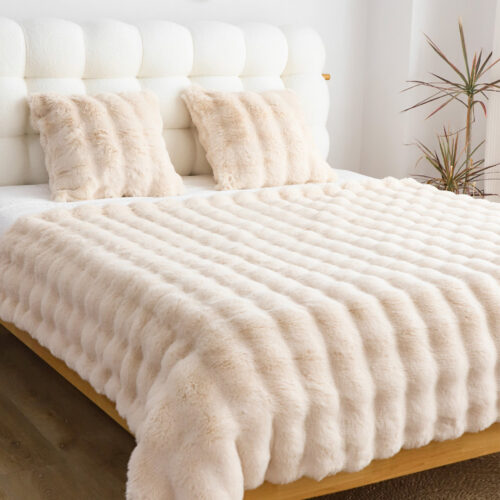 160X200cm Throw Blanket Light Camel Color Double Layer Rabbit Fur Cozy Comfort - Image 2