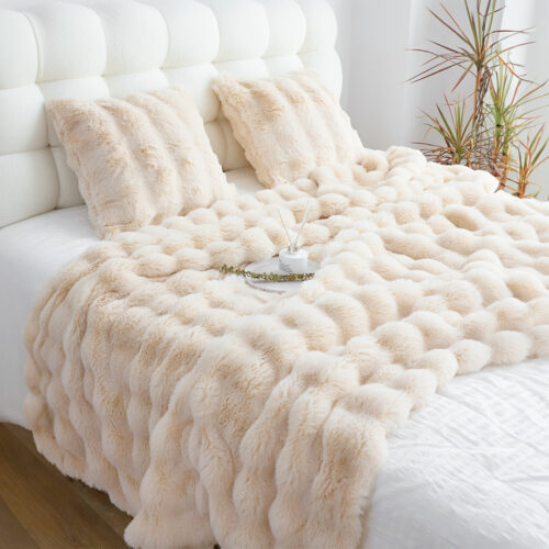 160X200cm Throw Blanket Light Camel Color Double Layer Rabbit Fur Cozy Comfort - Image 4
