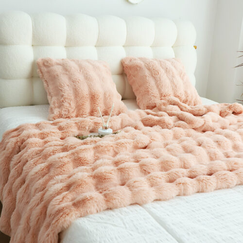 160X200cm Throw Blanket Pink Double Layer Rabbit Fur Cozy Comfort - Image 6