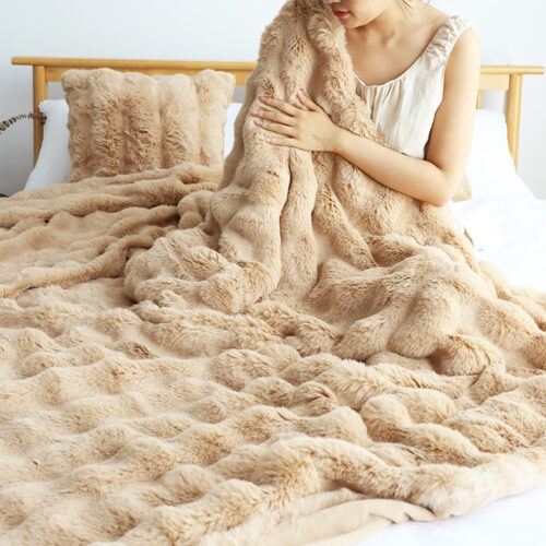 160X200cm Throw Blanket Coffee Double Layer Rabbit Fur Cozy Comfort