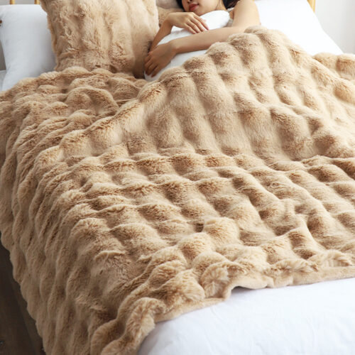 160X200cm Throw Blanket Coffee Double Layer Rabbit Fur Cozy Comfort - Image 8