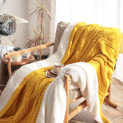200X230cm Throw Blanket Yellow White Chenille Fleece Knitted Fabric on One Side Soft Suede - Image 6